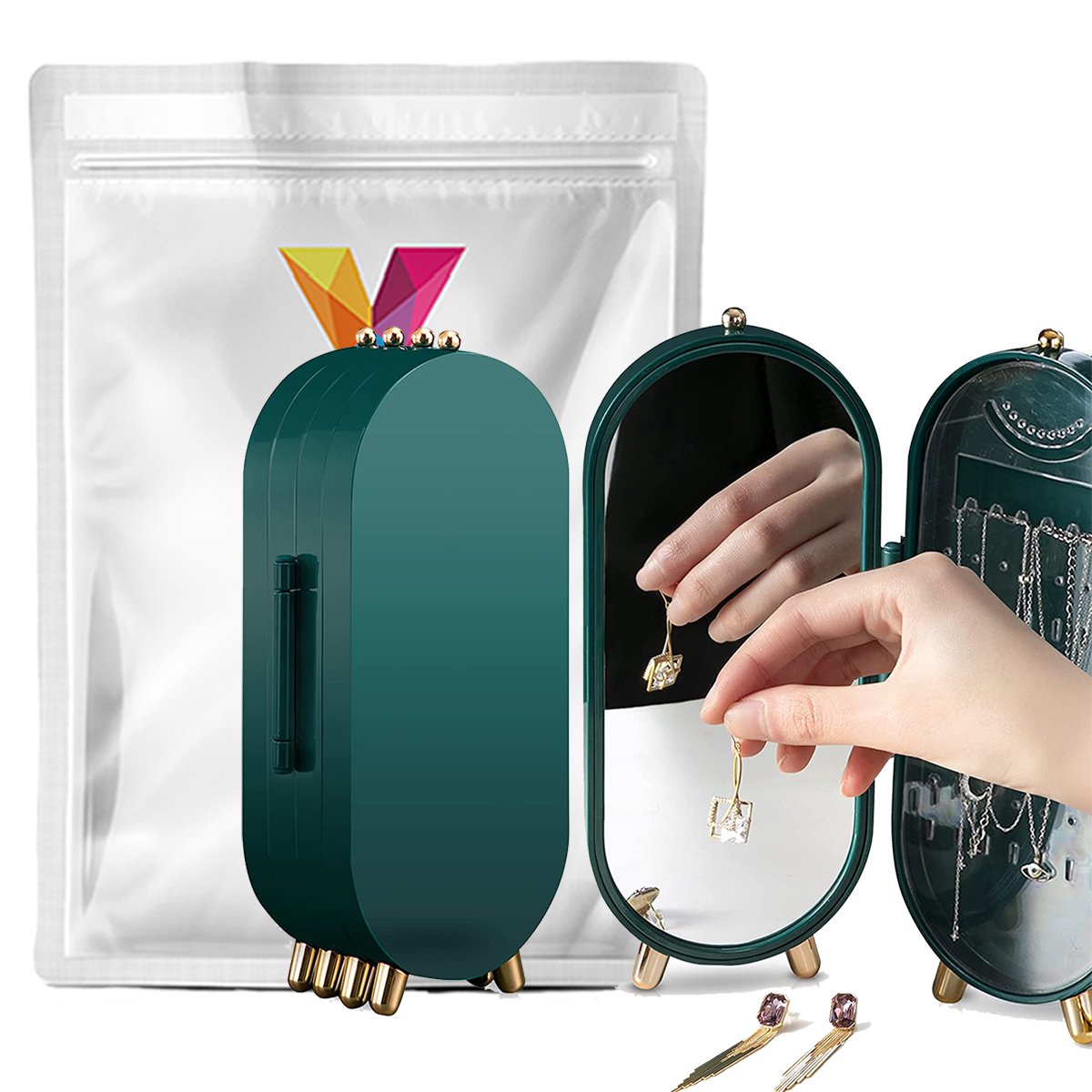 YONO Compacte Sieradenhouder met Spiegel - Sieraden Display Organizer - Oorbellen Standaard - Oorbellenrekje - Ketting Houder - Sieradendoosje - Donkergroen