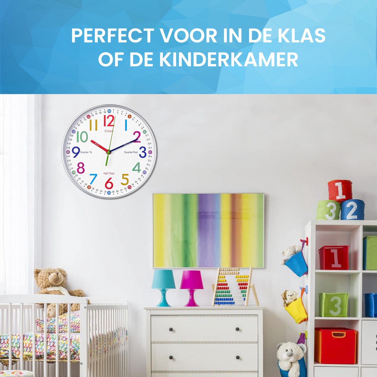 YONO Wandklok voor Kinderen - Leerklok met Kleuren Educatief - Klok Leren Kijken - Stil - Ø 30 cm