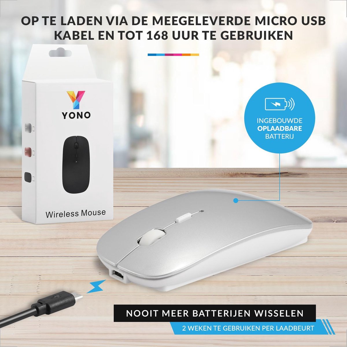 YONO Draadloze Muis met Bluetooth - Oplaadbaar - Geschikt voor Laptop, PC en Mac - Zilver