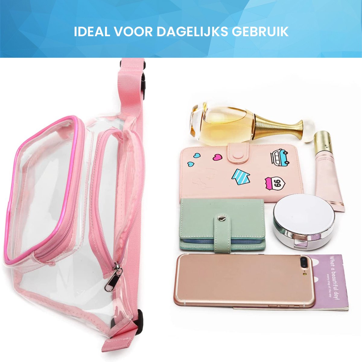YONO Fanny Pack Doorzichtig - Heuptasje geschikt voor Festival / Reizen - Telefoontasje Crossbody - Buideltasje voor Dames en Heren - Lichtroze