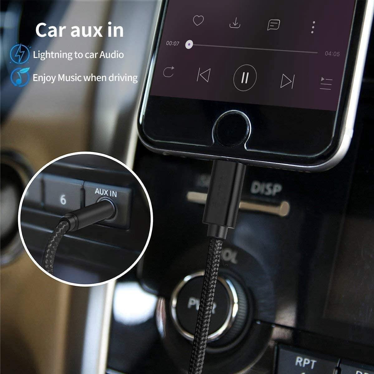 YONO Luxe Lightning naar Jack 3.5mm Adapter – 1 Meter Kabel Nylon – Zwart