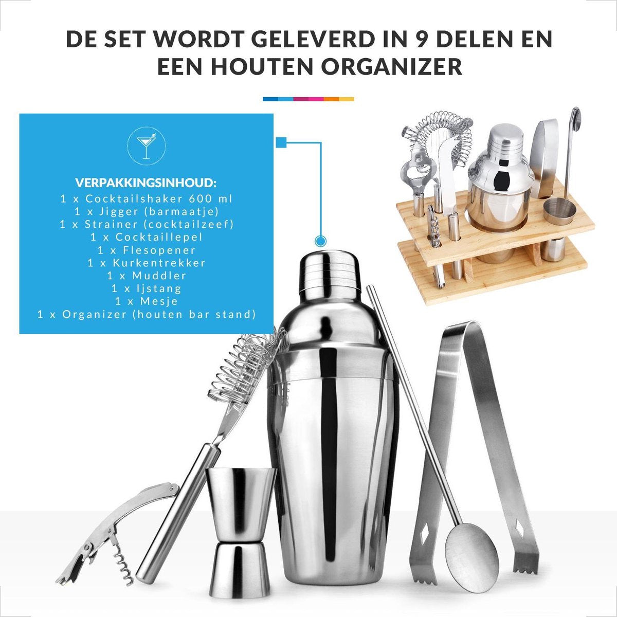 YONO Luxe Cocktail Shaker Set 9-delig en Organizer – Metaal met Houten Bar Stand