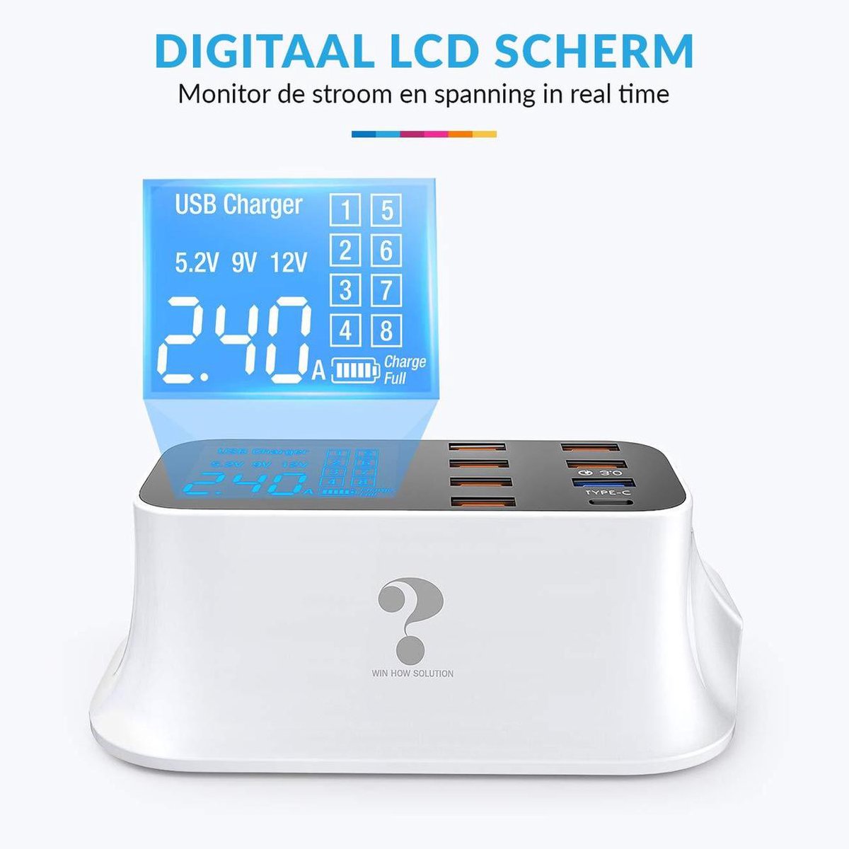 USB Lader met Voeding - Super Oplader - 3.0 Quick Charge - Hub - 8 Poorten met Stekker