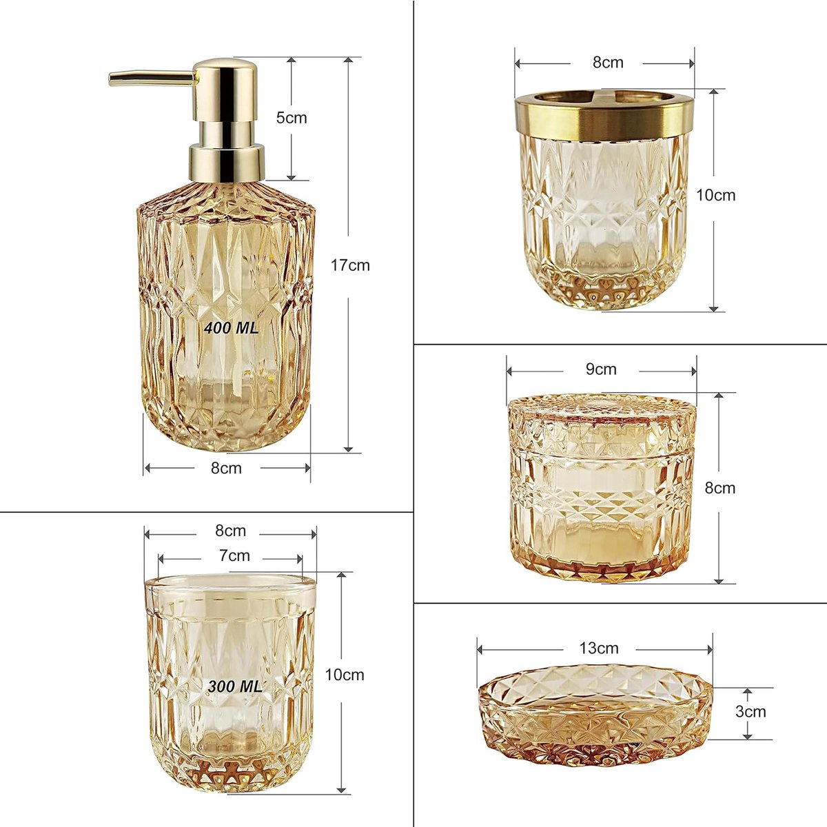 YONO Badkamer Accessoires Set - Gehard Glas - Zeeppompje - Zeepbakje - Tandenborstel Houder - Beker - Oker