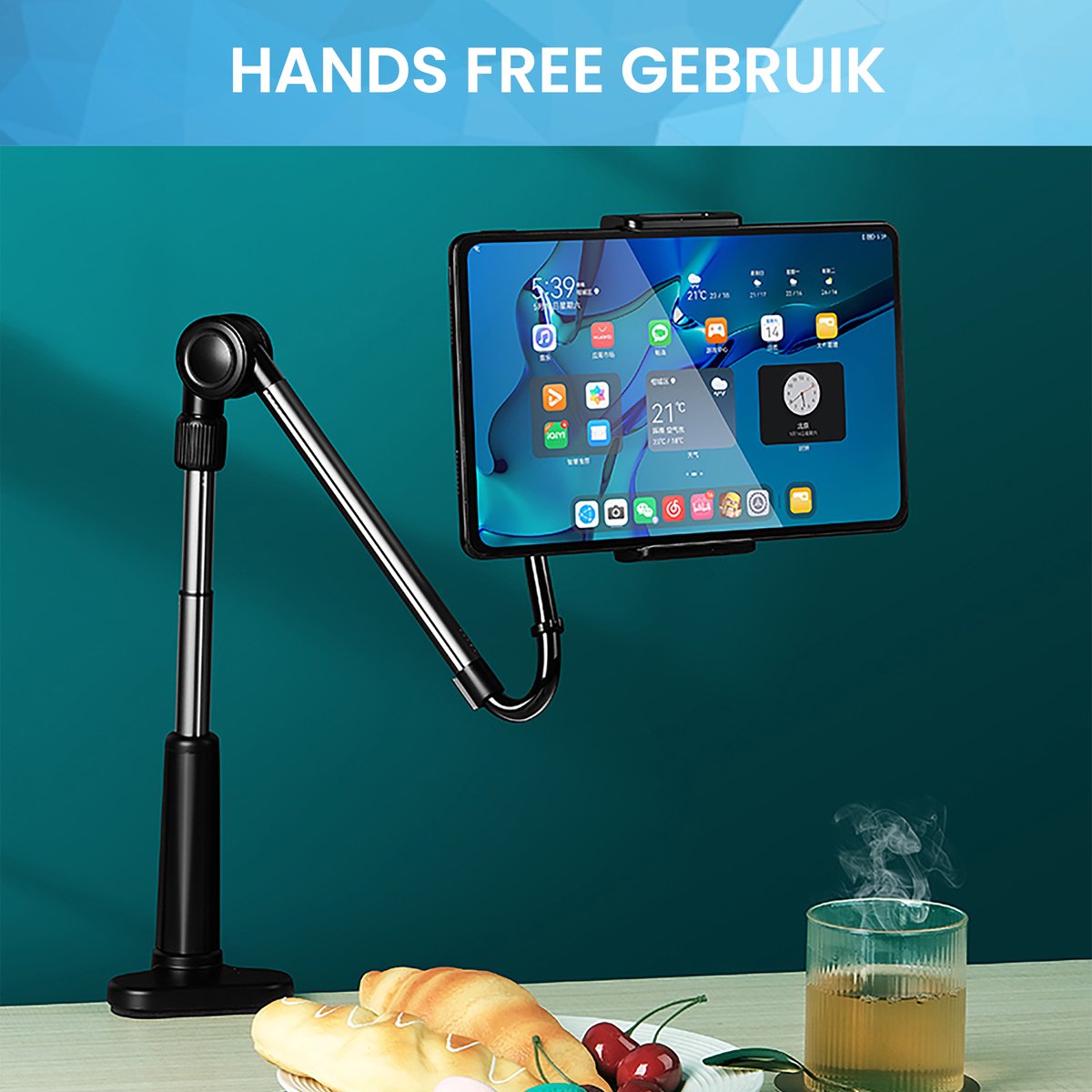 YONO Tablet Houder met Flexibele Arm - Statief geschikt voor Bureau Tafel en Bed - Zwart