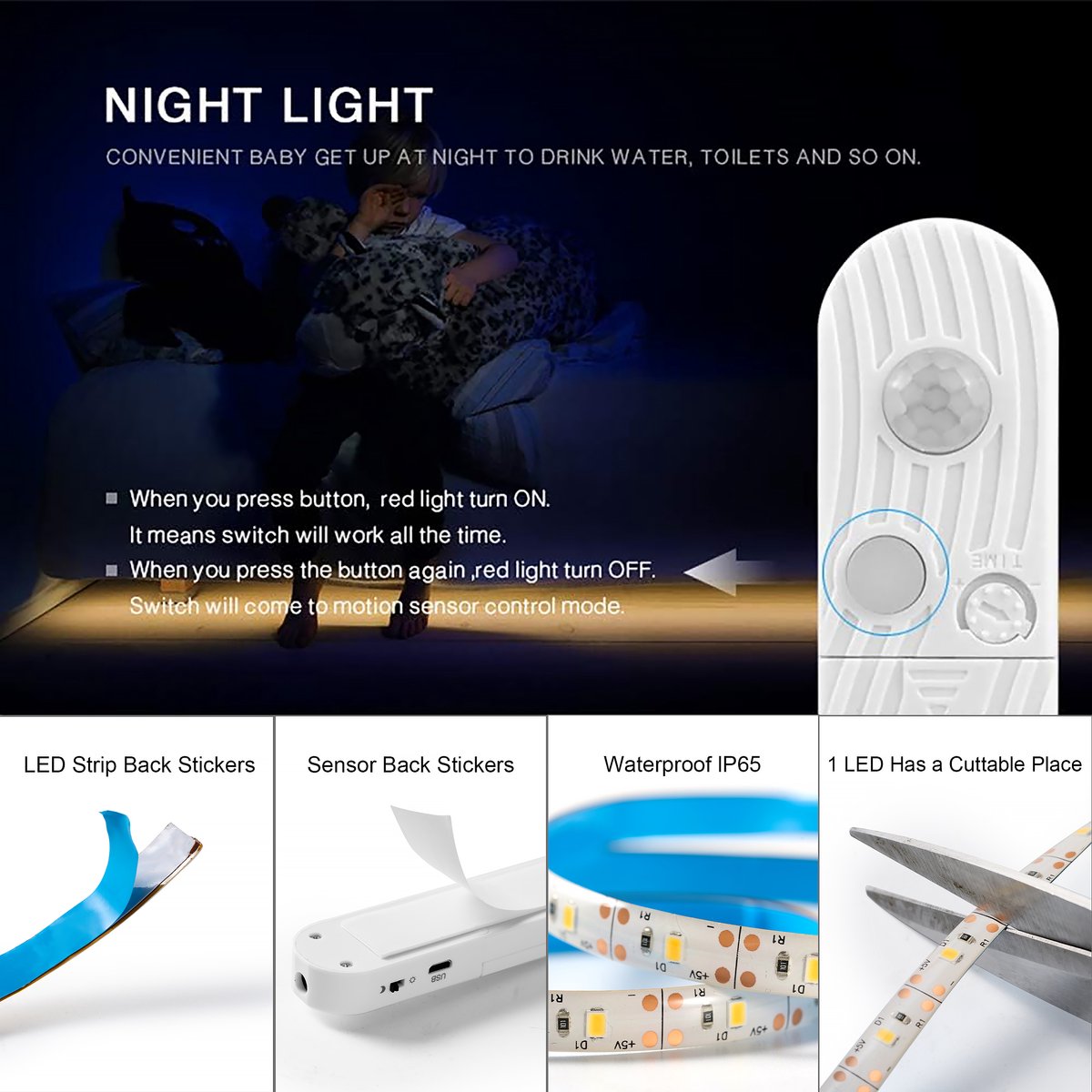 YONO Led Verlichting Strip met Bewegingssensor - Zelfklevend met Sensor voor Binnen - Warm Wit Licht - 3 Meter