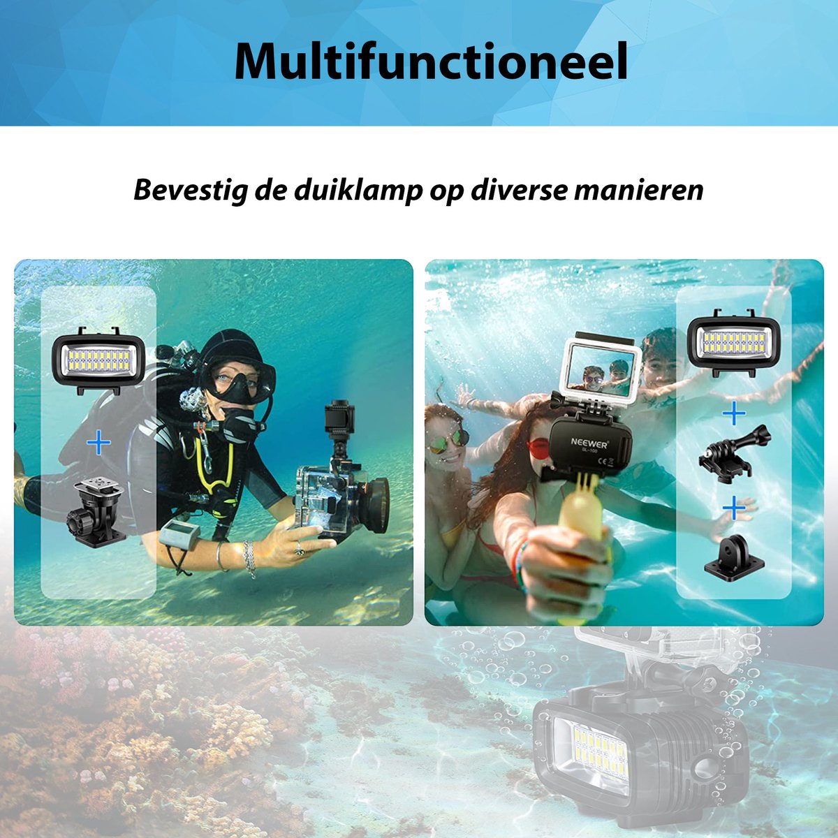 YONO Duiklamp geschikt voor GoPro en Camera - LED Lamp met Filters en Mounts - Actioncam Accessoires - 40M Waterdicht