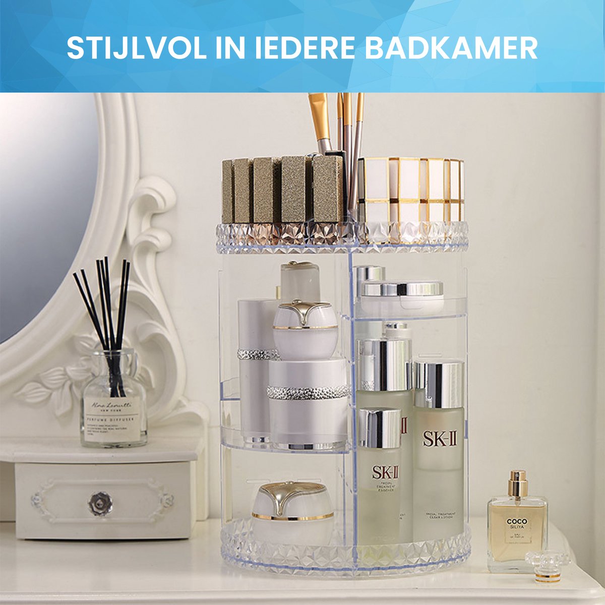 YONO Make Up Organizer Draaibaar Stand - Opbergsysteem voor Skincare / Parfum / Cosmetica / Lippenstift / Nagellak / Beauty Houder - 360° Roterend - Opbergdoos - Transparant