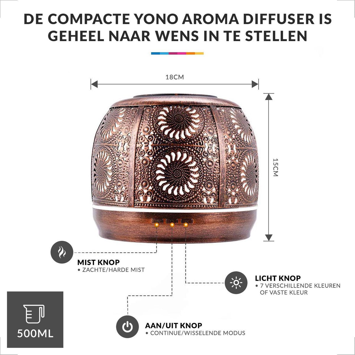 YONO Aroma Diffuser met LED verlichting - Verstuiver voor Etherische Olie - Geurverspreider - Vernevelaar - Brons Metaal - 500ML