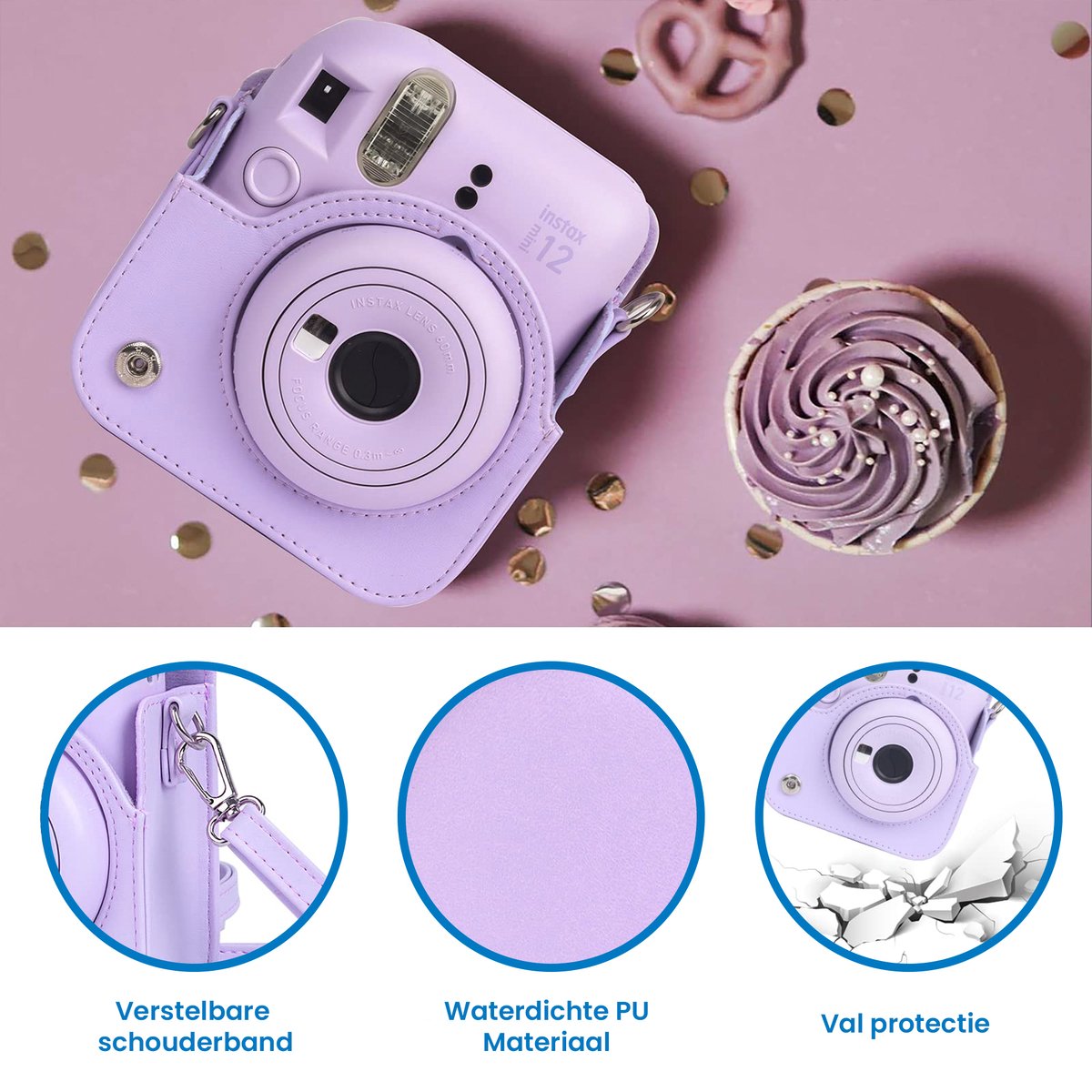 YONO Accessoires Set geschikt voor Fujifilm Instax Mini 12 - Camera Tas met Draagriem - Hoesje en Fotoalbum - Lila Paars