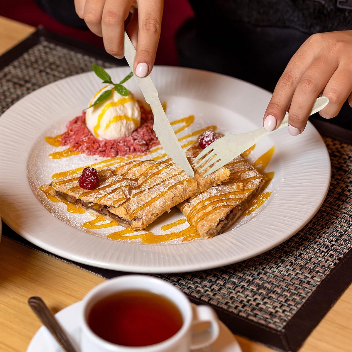 YONO Camping Bestek Set - Outdoor Eetgerei Meeneem Set - Reis Lepel, Vork en Mes - Beige