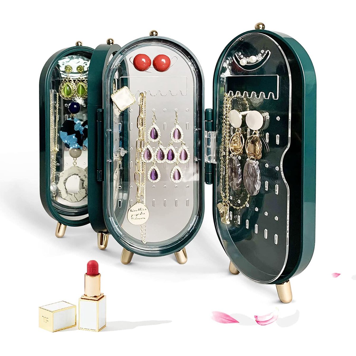 YONO Compacte Sieradenhouder met Spiegel - Sieraden Display Organizer - Oorbellen Standaard - Oorbellenrekje - Ketting Houder - Sieradendoosje - Donkergroen