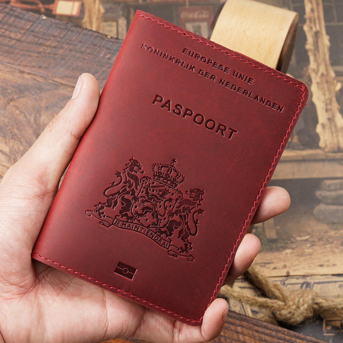 YONO Paspoort Hoesje Nederland Leer - Houder Cover Mapje - Donkerrood