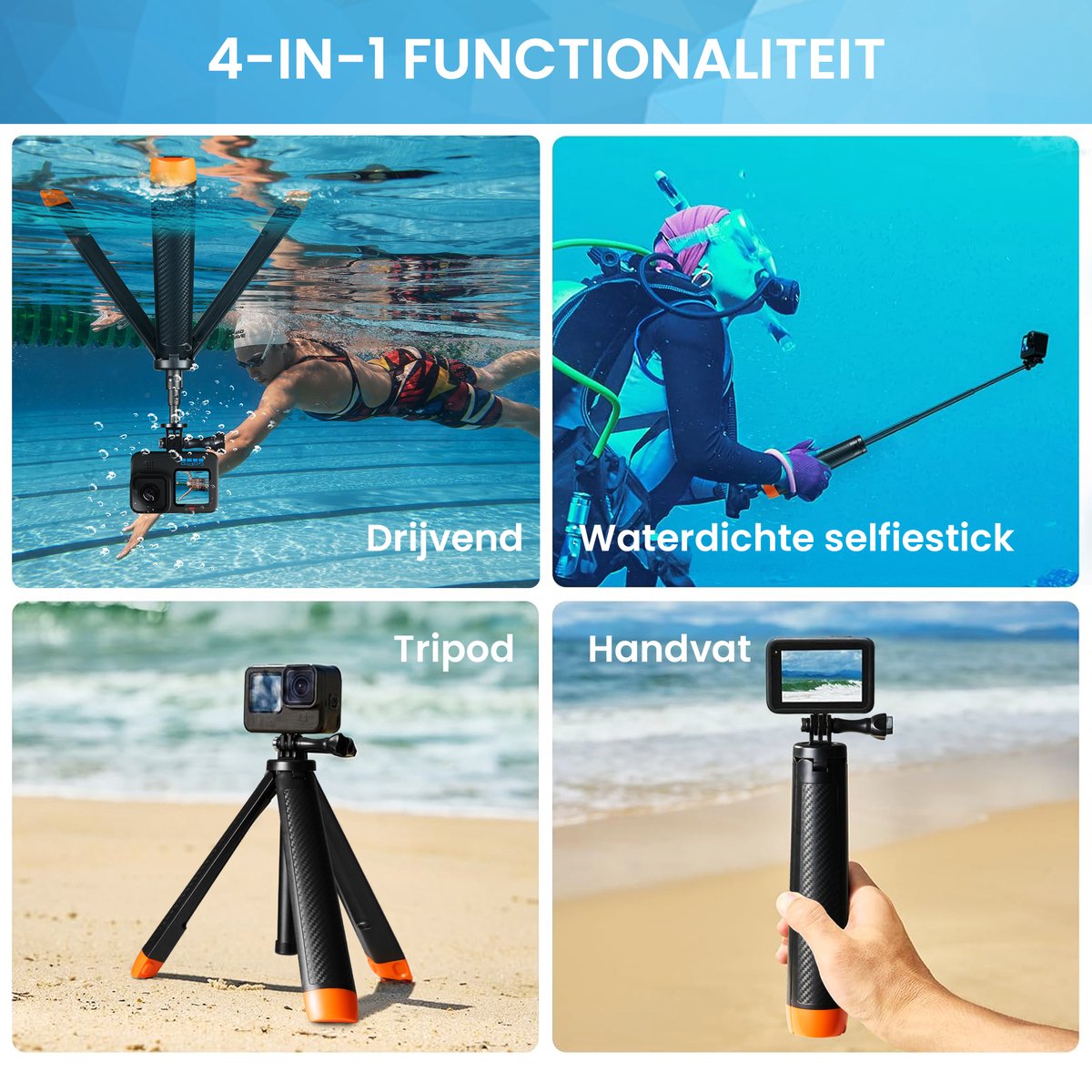 YONO Floating Stick geschikt voor GoPro / DJI Osmo / Insta360 - Uitschuifbare Tripod Grip Waterproof - Zwart