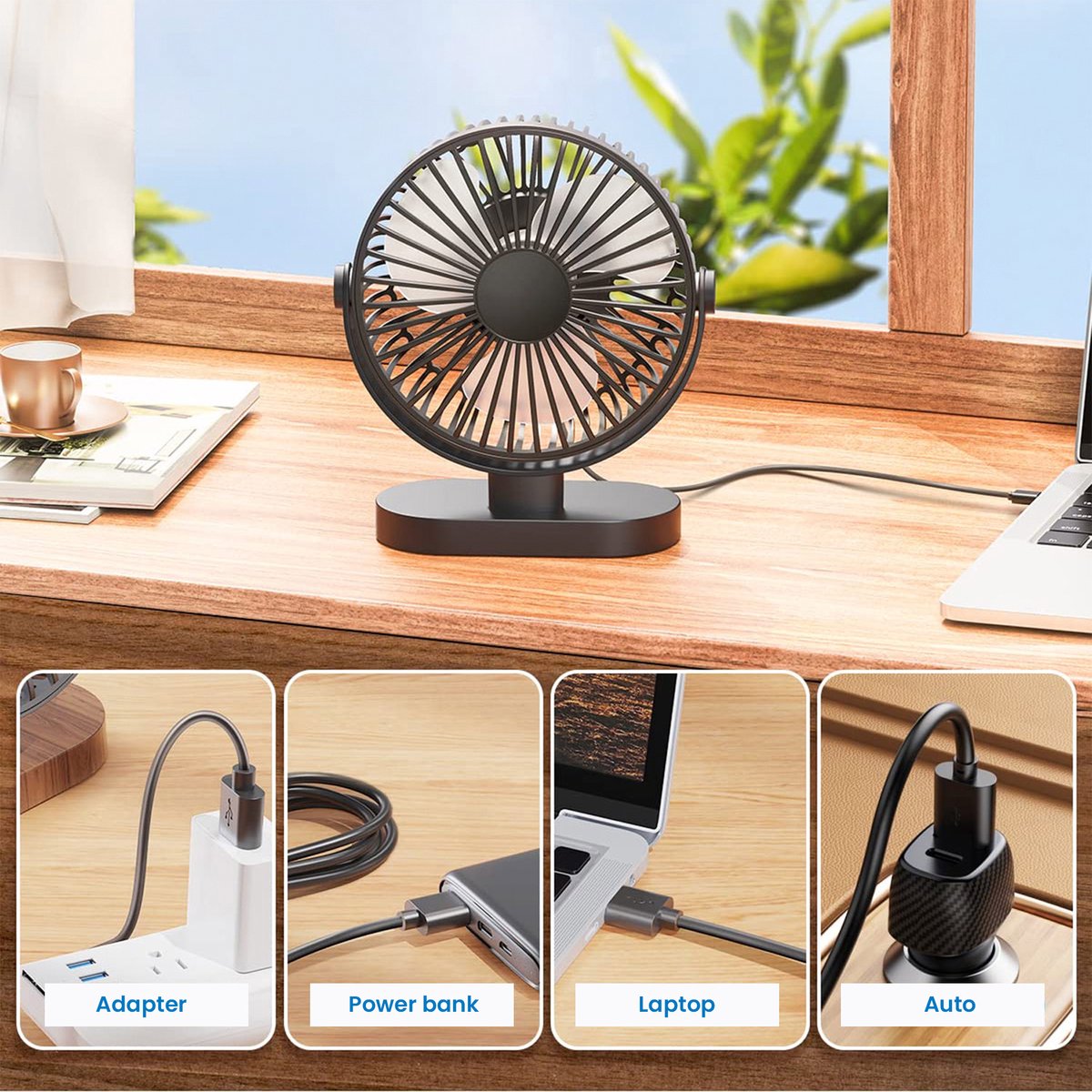 YONO Tafelventilator - USB Ventilator voor Tafel of Bureau - Kantelbaar - 3 Snelheden - Zwart