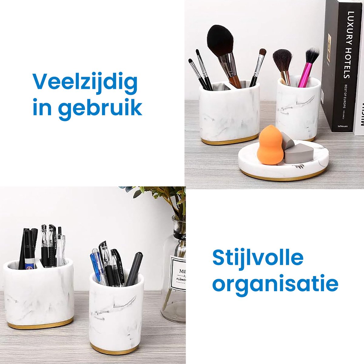 YONO Badkamer Accessoires Set - Zeeppompje - Zeepbakje - Tandenborstel Houder - Beker - Marmerlook Wit Goud