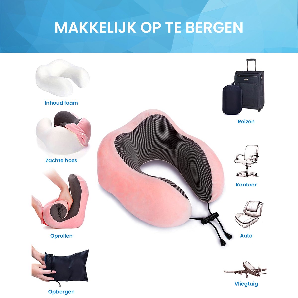 YONO Premium Nekkussen Set - Reiskussen Vliegtuig en Auto - Traagschuim Memory Foam - Inclusief Slaapmasker en Oordopjes Slapen - Lichtroze