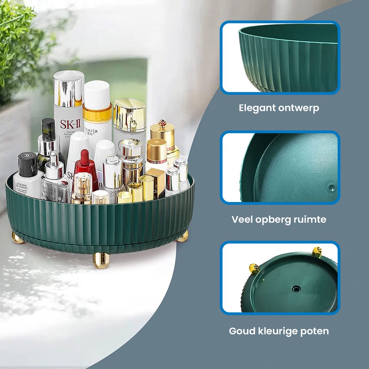 YONO Make Up Organizer Draaitafel - Opbergdoos voor Skincare / Parfum / Cosmetica / Lippenstift / Beauty - 360° Draaibaar Houder - Opbergsysteem - Groen