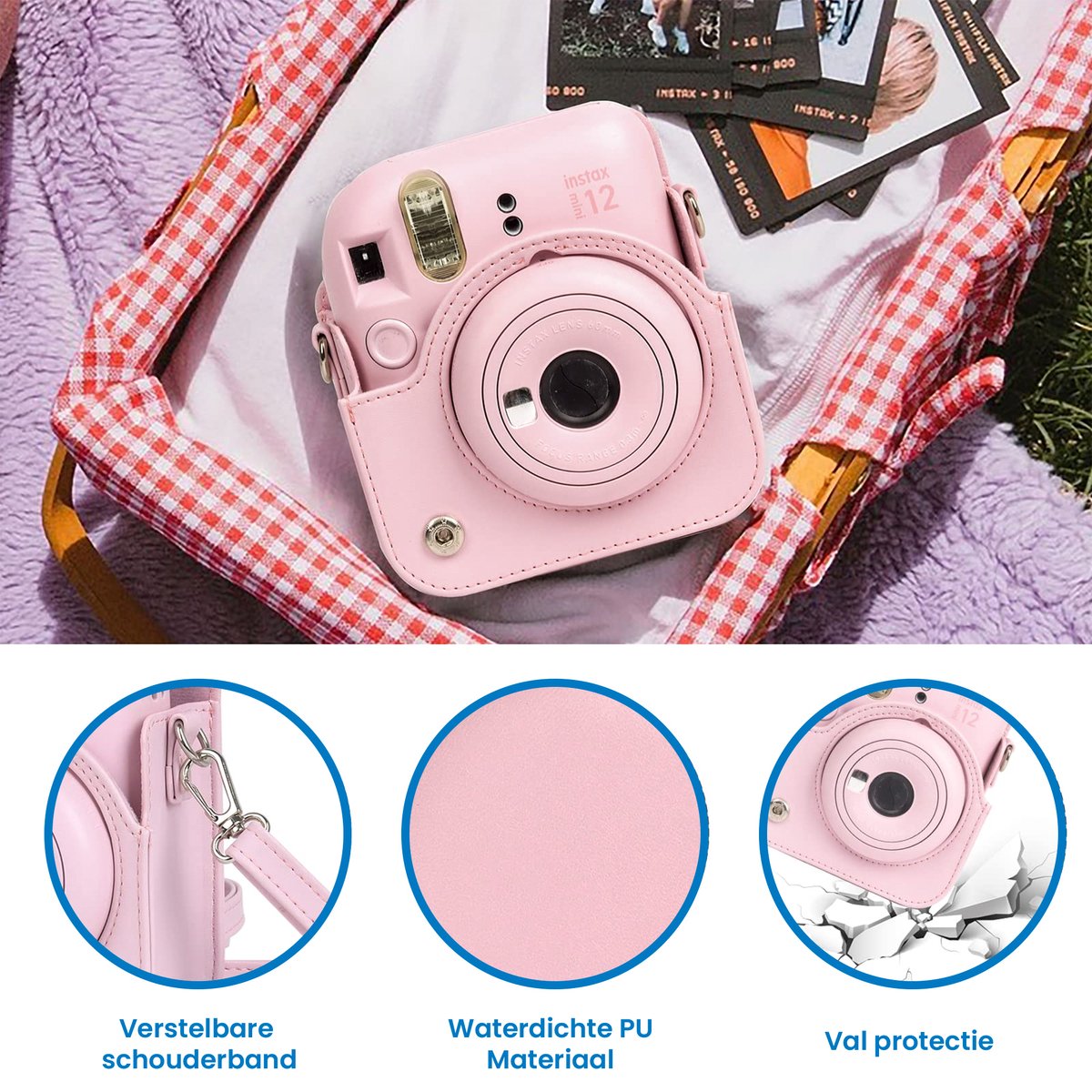 YONO Accessoires Set XL geschikt voor Fujifilm Instax Mini 12 - Camera Tas met Draagriem - Hoesje en Fotoalbum - Fotolijstjes - Filters - Stickers - Bloesem Roze