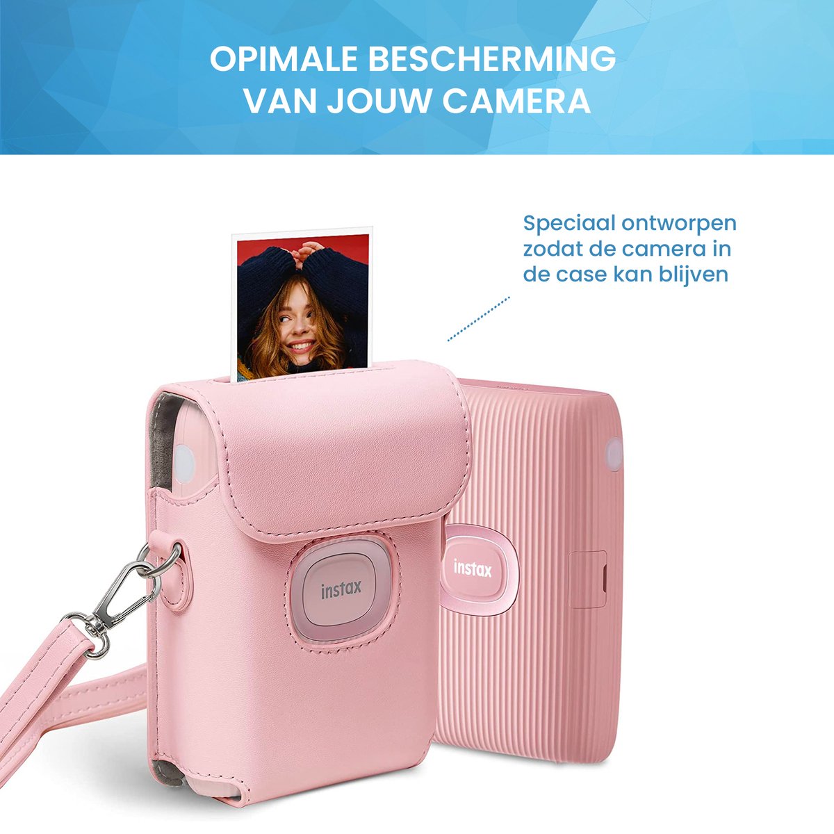 YONO Case geschikt voor Fujifilm Instax Mini Link 2 - Leren Hoesje met Draagriem - Tasje - Beschermhoes - Roze