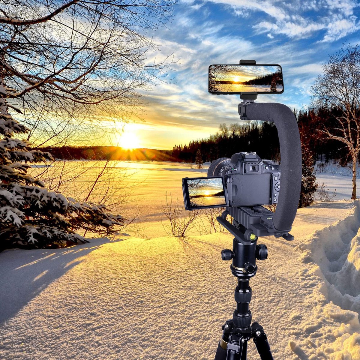 YONO Stabilisator Statief Handheld voor Camera en Accessoires - Professionele Stabilizer Handheld Beugel geschikt voor Actioncam / Smartphone / Videorecorder / Vlog / Youtube / Tiktok / Lamp / Microfoon - Zwart