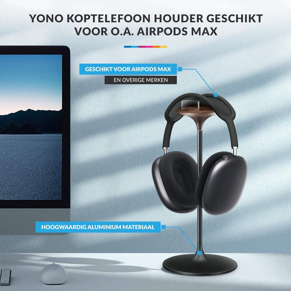 YONO Luxe Headset Stand Universeel - geschikt voor Airpods Max / JBL Tune / Sony – Koptelefoon Houder – Hoofdtelefoon Hanger – Aluminium Standaard – Zwart