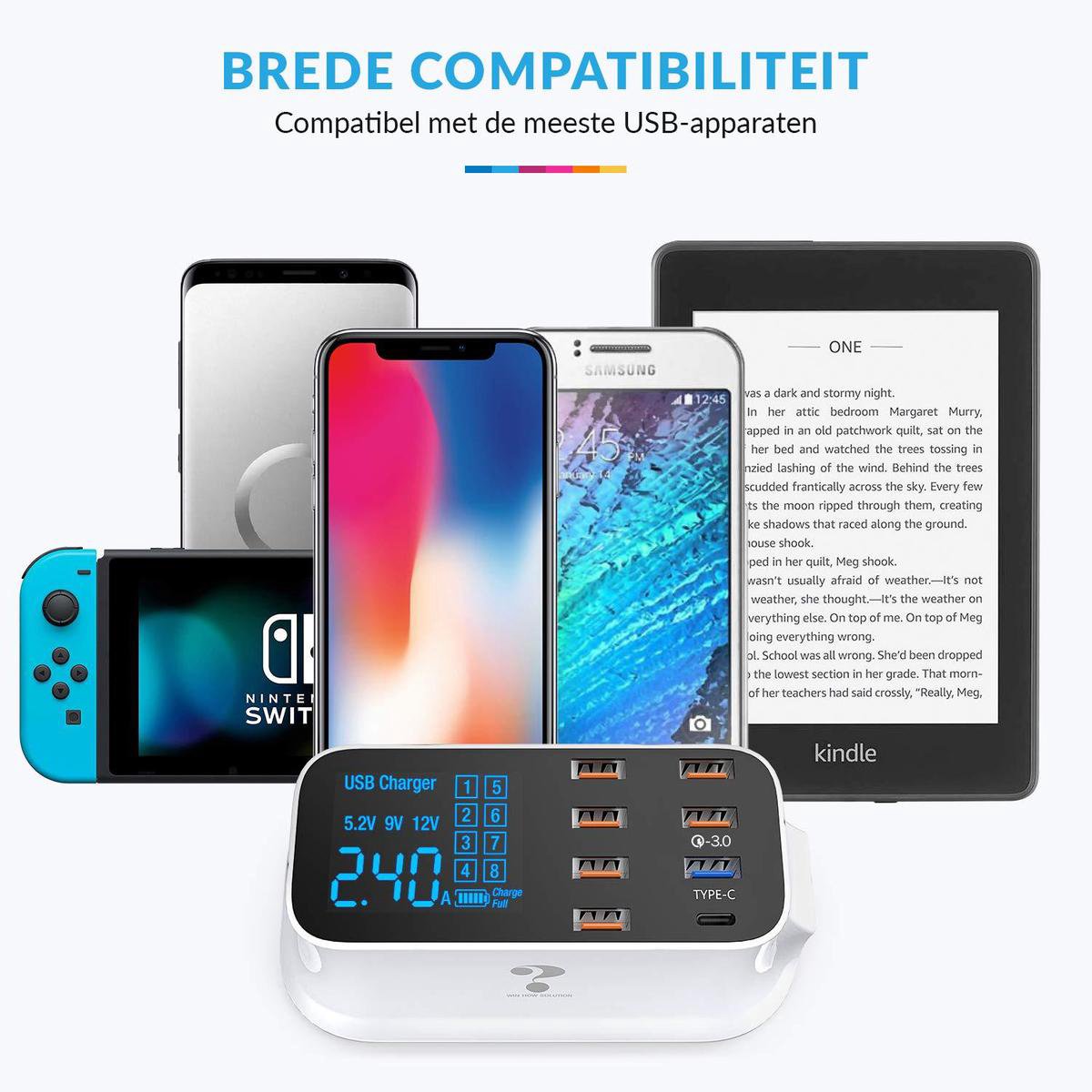 USB Lader met Voeding - Super Oplader - 3.0 Quick Charge - Hub - 8 Poorten met Stekker