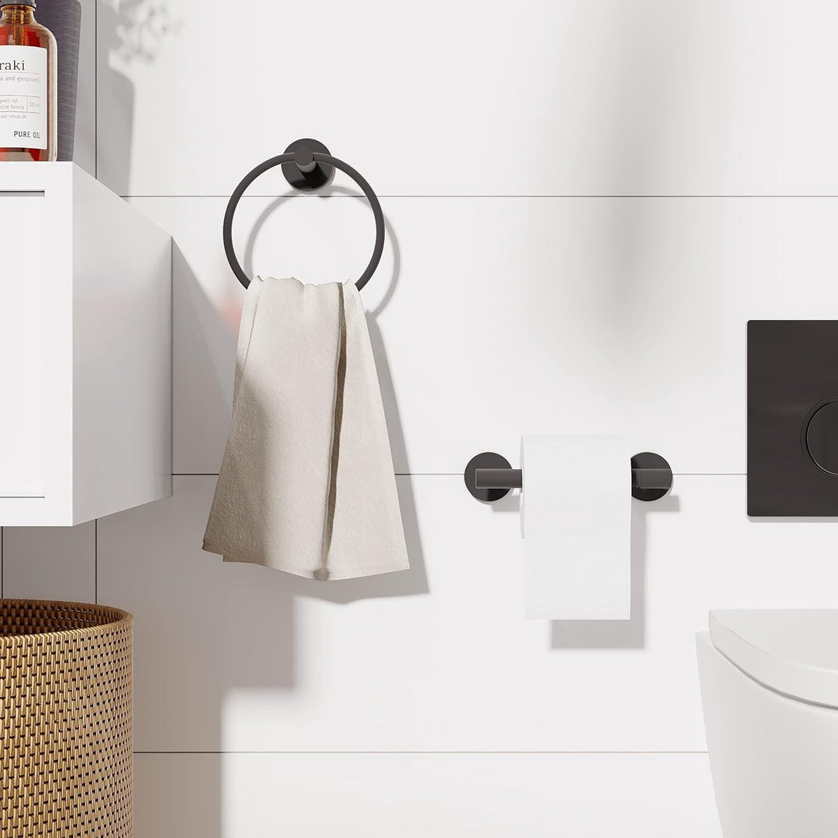 YONO Handdoekhouder en WC Rolhouder - RVS - Handdoekring - Badkamer Houder Accessoires - Toiletrolhouder Handdoekrek - Set van 2 - Mat Zwart