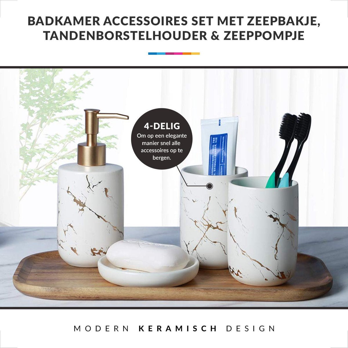 Badkamer Accessoires Set – Tandenborstelhouder –Zeeppompje Zeepbakje – Keramiek met Marmer Design – Wit