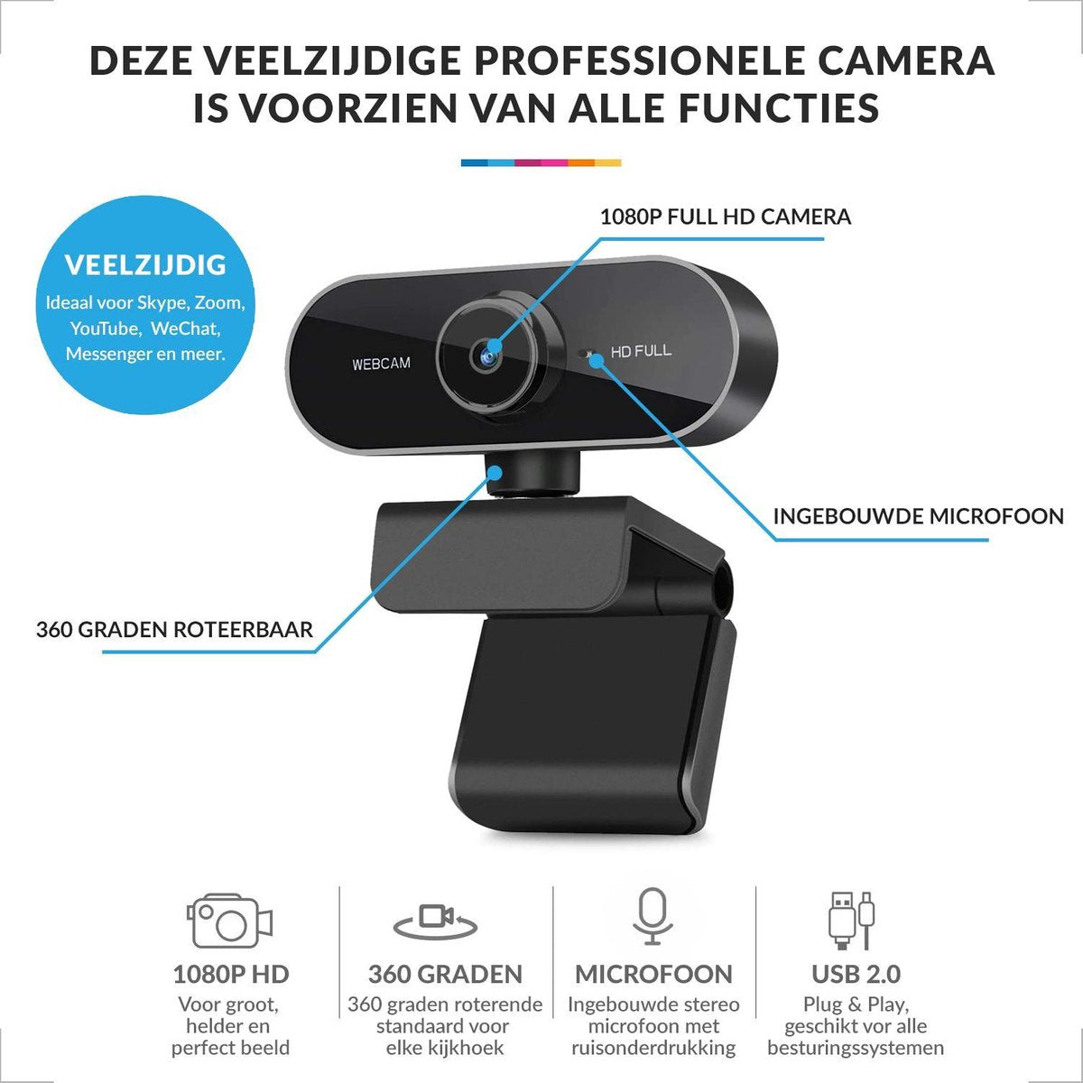 YONO Webcam voor PC met Microfoon - Streaming Camera - Full HD 1080P - Zwart