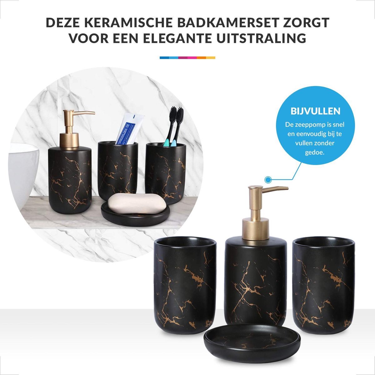 Badkamer Accessoires Set – Tandenborstelhouder –Zeeppompje Zeepbakje – Keramiek met Marmer Design – Zwart