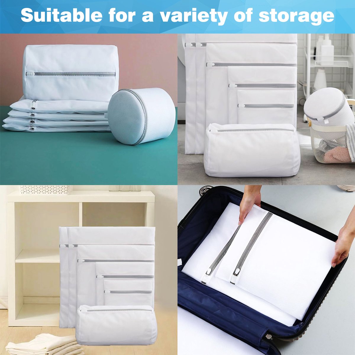 YONO Waszakken Set XL - 7 Stuks - Wasnetten met Rits voor Wasgoed - Waszak Wasmachine - Groot - Wit