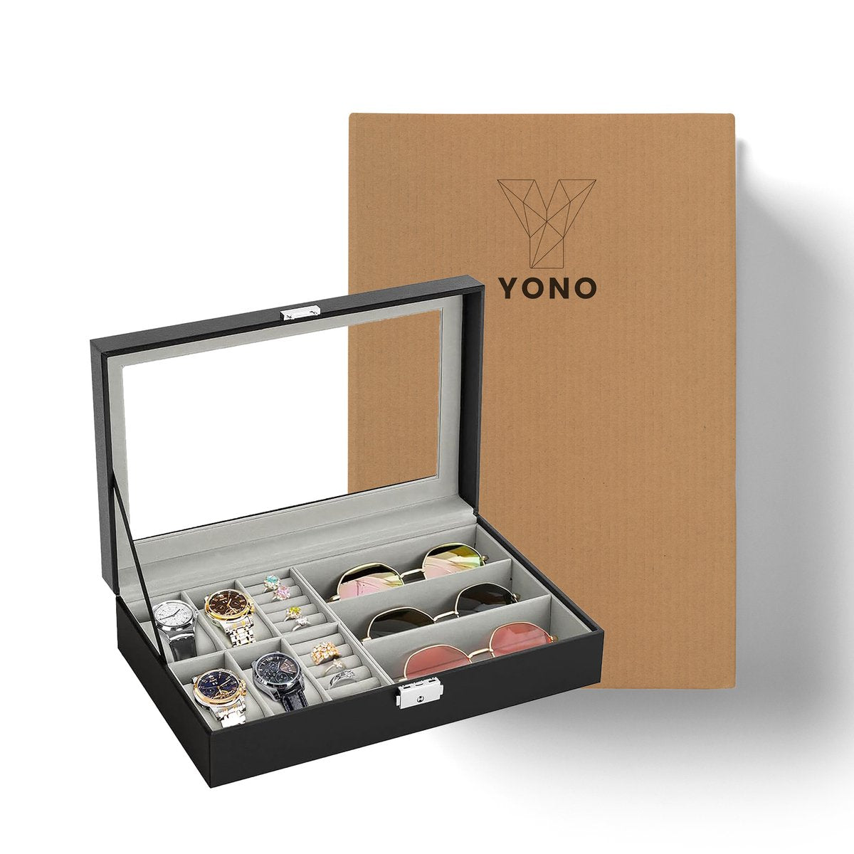 YONO Opbergbox voor Horloges / Brillen / Sieraden - Horloge Box - Zonnebrillen Doos - Organizer - Zwart
