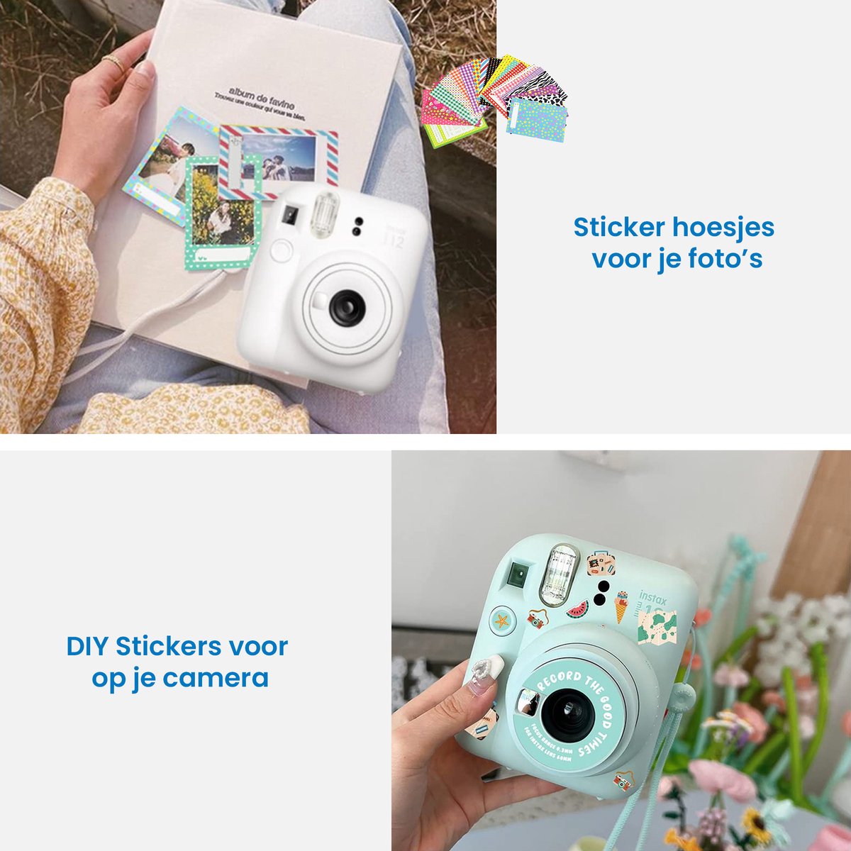 YONO Accessoires Set XL geschikt voor Fujifilm Instax Mini 12 - Camera Tas met Draagriem - Hoesje en Fotoalbum - Fotolijstjes - Filters - Stickers - Pastel Blauw