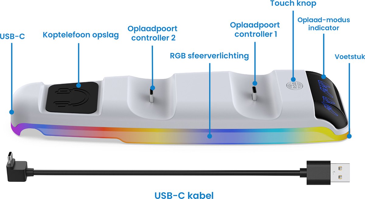 YONO Oplaadstation geschikt voor PS5 Controller DualSense - Oplader Laadstation Accessoires voor Playstation 5 SLIM - Inclusief RGB Verlichting