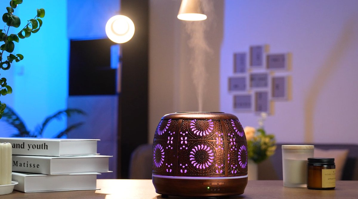 YONO Aroma Diffuser met LED verlichting - Verstuiver voor Etherische Olie - Geurverspreider - Vernevelaar - Brons Metaal - 500ML