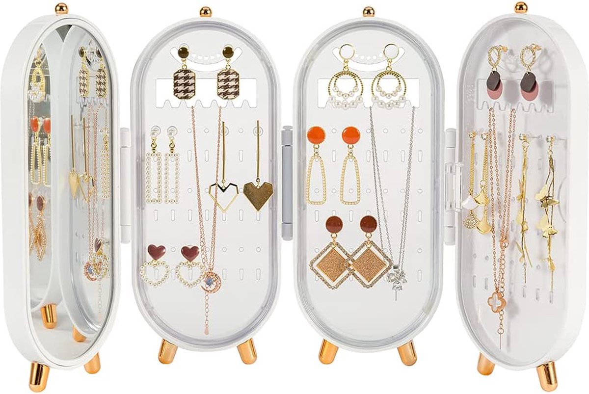 YONO Compacte Sieradenhouder met Spiegel - Sieraden Display Organizer - Oorbellen Standaard - Oorbellenrekje - Ketting Houder - Sieradendoosje - Wit