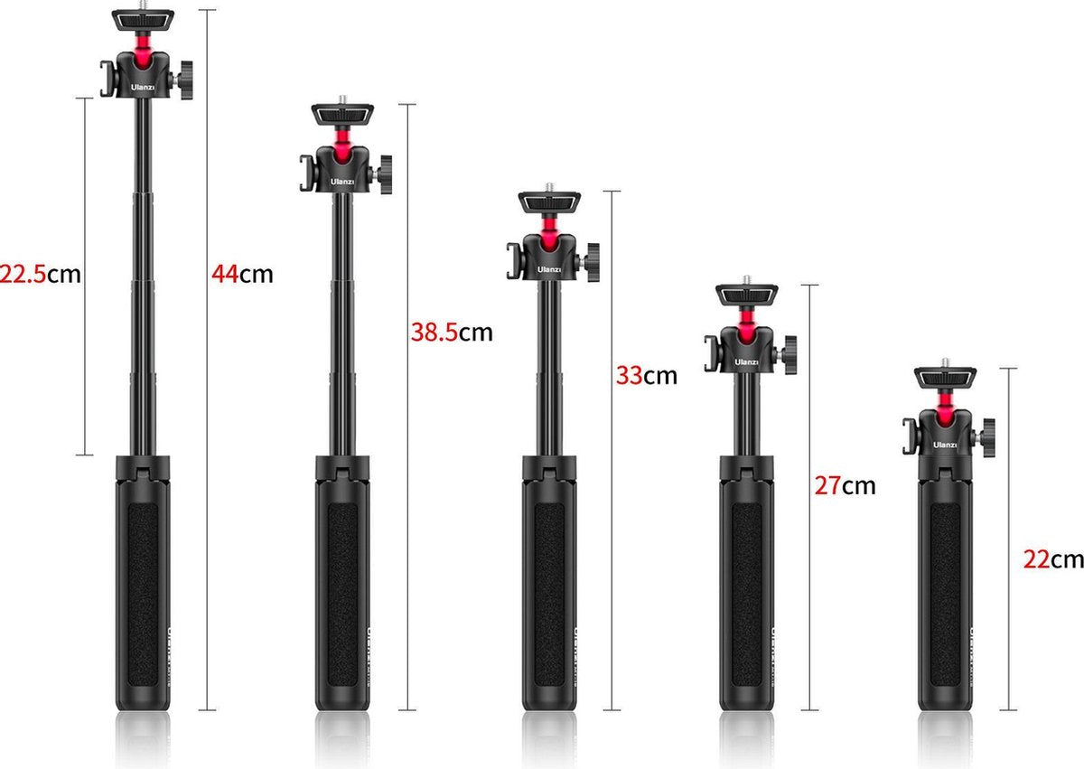 Ulanzi MT-16 Vlog-Statief, Camerahouder & Selfiestick - Uitschuifbaar tot 44 cm - Voor smartphone en camera - met Cold Shoe Mount - Zwart/Rood