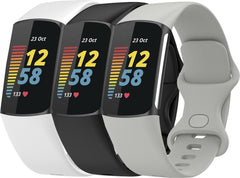 YONO Siliconen Bandjes geschikt voor Fitbit Charge 5 / 6 - 3-Pack - Wit – Zwart - Grijs - Small