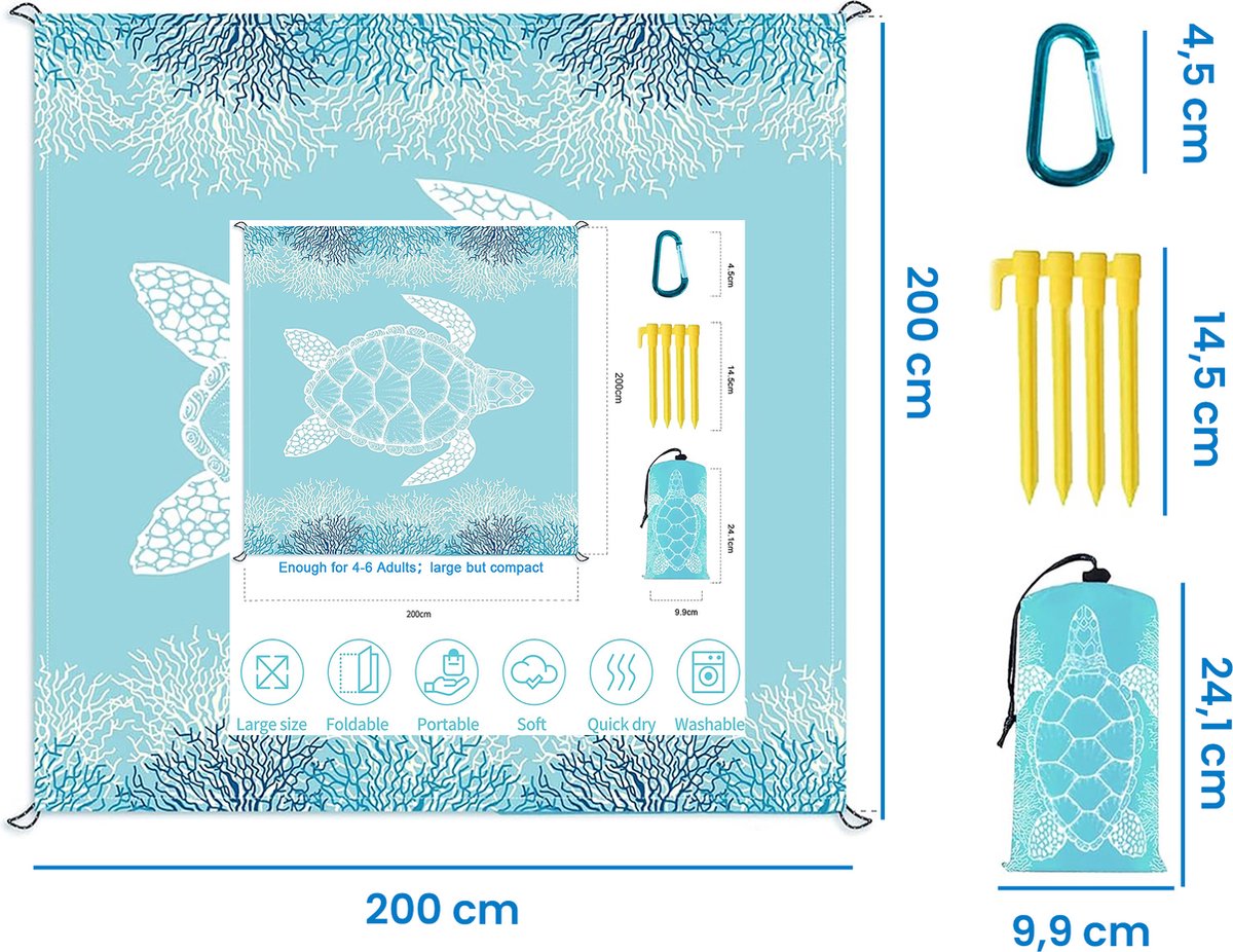 YONO Strandlaken XXL - Strandkleed Compact en Lichtgewicht - 200x200 cm - Picknickkleed - Lichtblauw