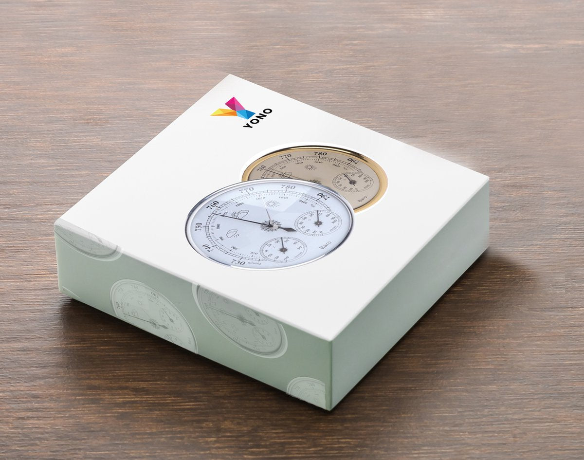 Luxe Barometer Weerstation met Thermometer Hygrometer Messing Zilverkleurig – Voor Binnen en Buiten