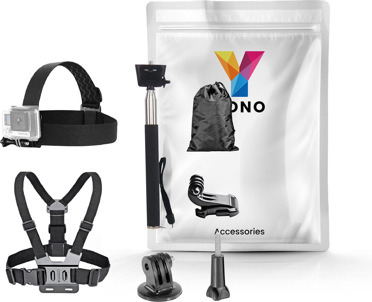 YONO Accessoires Set geschikt voor GoPro en Action Cams - Borst Harnas - Hoofdband - Stick - Mounts - Opbergzakje