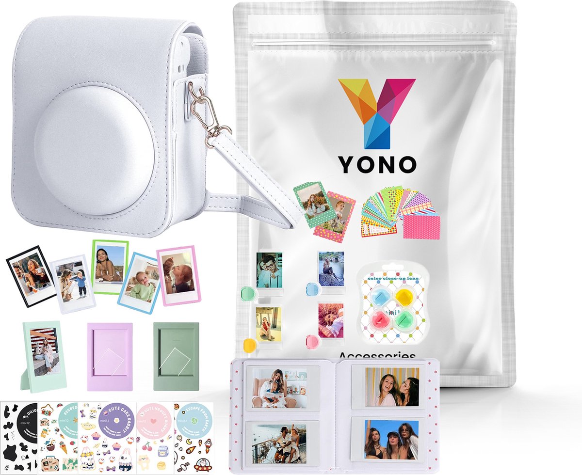 YONO Accessoires Set XL geschikt voor Fujifilm Instax Mini 12 - Camera Tas met Draagriem - Hoesje en Fotoalbum - Fotolijstjes - Filters - Stickers - Klei Wit