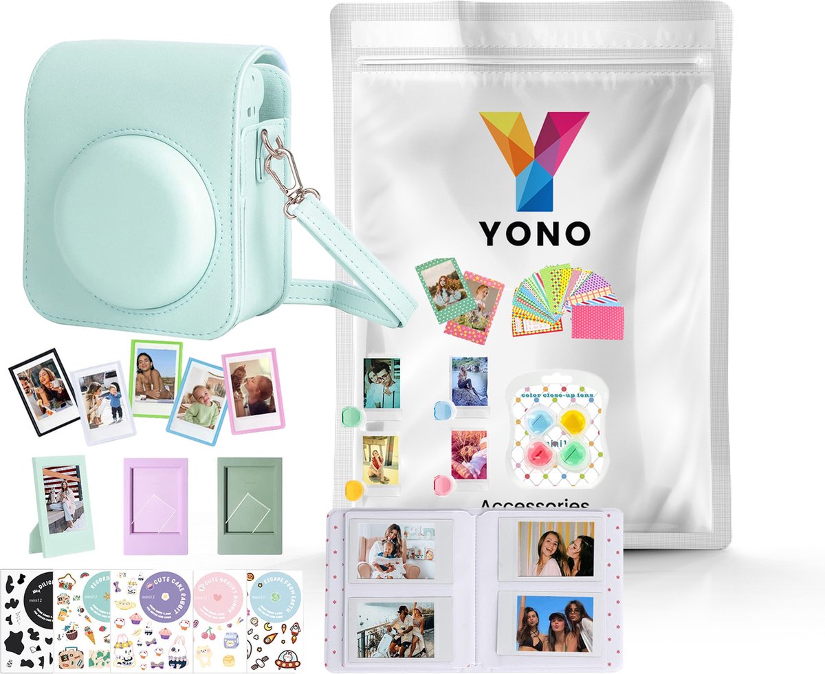 YONO Accessoires Set XL geschikt voor Fujifilm Instax Mini 12 - Camera Tas met Draagriem - Hoesje en Fotoalbum - Fotolijstjes - Filters - Stickers - Mint Groen