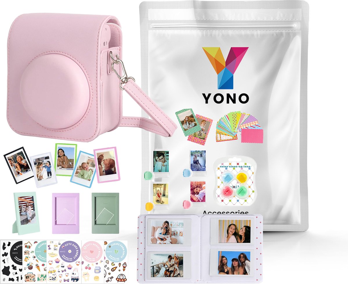YONO Accessoires Set XL geschikt voor Fujifilm Instax Mini 12 - Camera Tas met Draagriem - Hoesje en Fotoalbum - Fotolijstjes - Filters - Stickers - Bloesem Roze