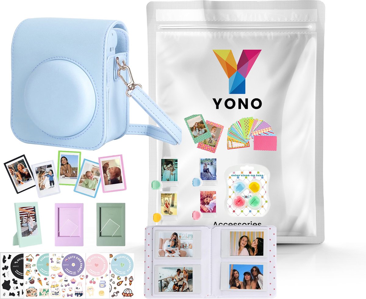 YONO Accessoires Set XL geschikt voor Fujifilm Instax Mini 12 - Camera Tas met Draagriem - Hoesje en Fotoalbum - Fotolijstjes - Filters - Stickers - Pastel Blauw
