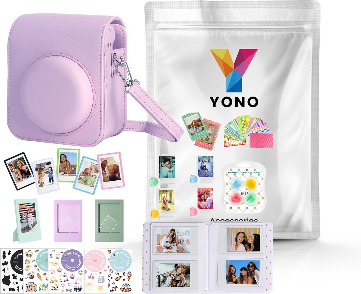 YONO Accessoires Set XL geschikt voor Fujifilm Instax Mini 12 - Camera Tas met Draagriem - Hoesje en Fotoalbum - Fotolijstjes - Filters - Stickers - Lila Paars
