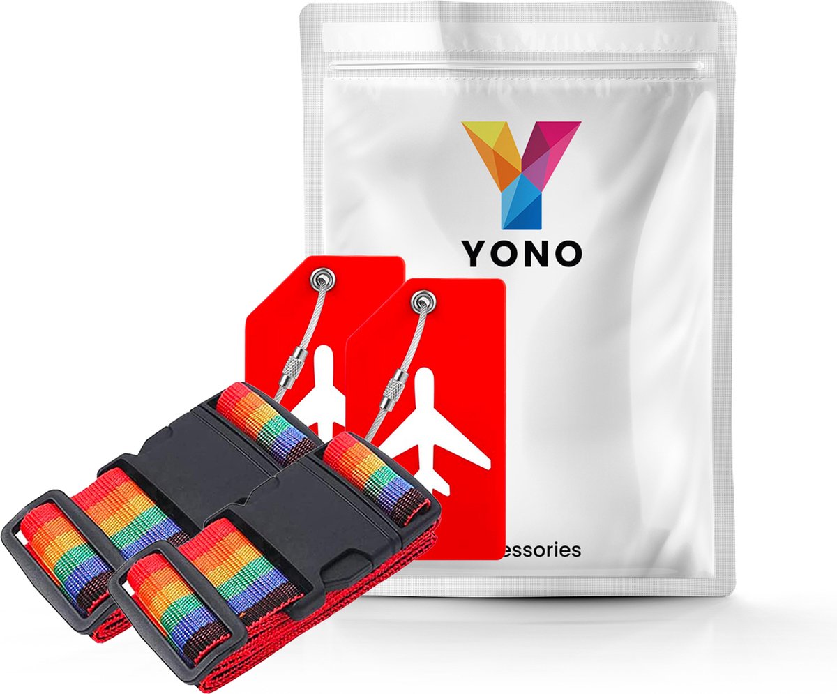 YONO Kofferriem met Kofferlabel - 2 Kofferband en 2 Bagagelabel - Dubbele Bagage Riem Verstelbaar - 4 Pack - Regenboog