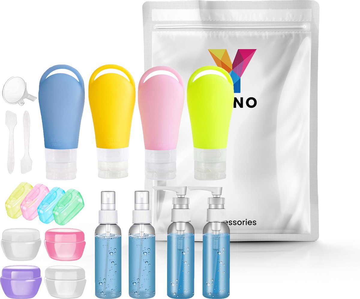 YONO Reisflesjes Handbagage Set XL - Navulbare Reisflacons Siliconen - Spray Flesjes - Cosmetica Potjes - Reispotjes - Reisset Vliegtuig - 19in1