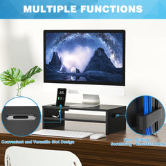 YONO Monitor Standaard - Beeldscherm Verhoger met Telefoon Houder - Bureau Organizer - Hout - Zwart